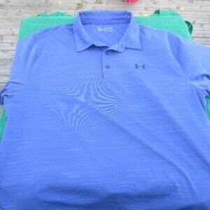 Under Armour Heat Gear Blue Polo Shirt Gold Shirt Athletic Shirt - Size 2XL.